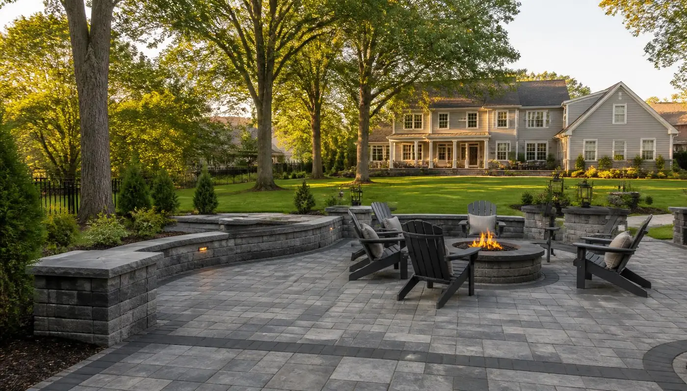 Paver patio with seating wall and fire pit built by Mike's Hardscape Design in Branchburg, New Jersey