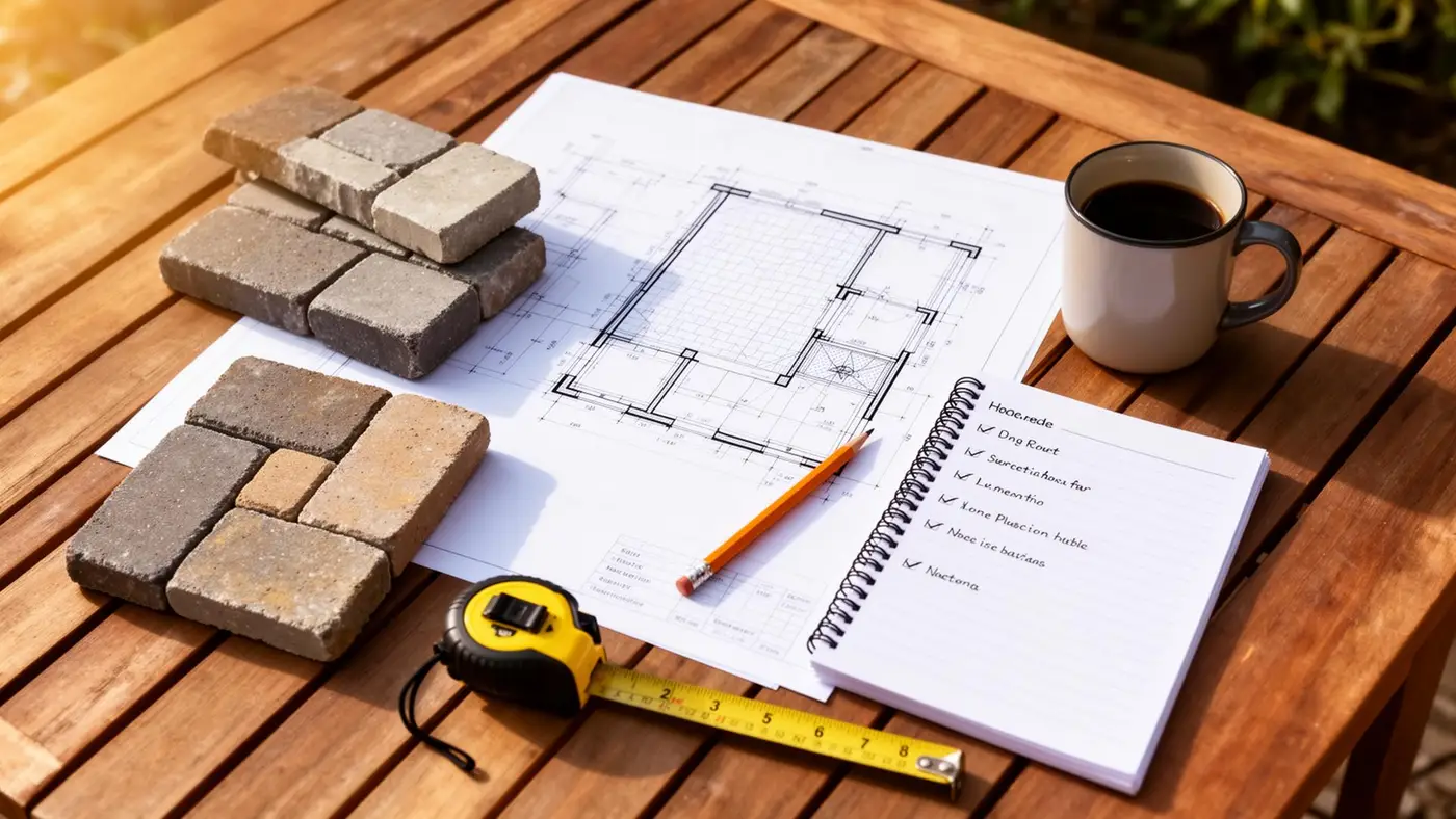 Homeowner reviewing hardscape design plans on a Central NJ patio