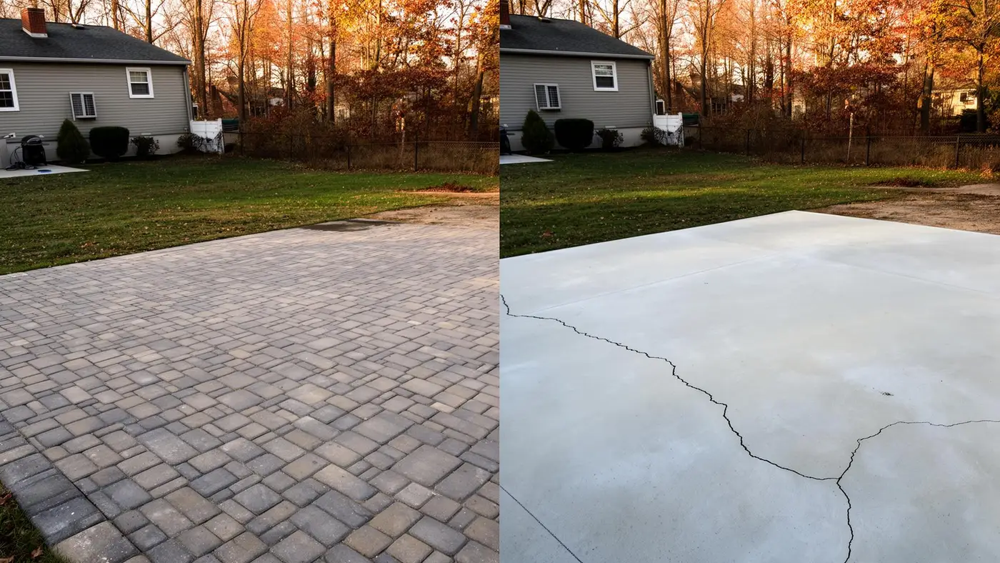 Side-by-side comparison of paver patio and concrete patio in NJ
