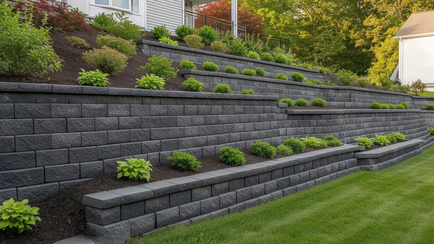 Segmental block retaining wall built on a sloped Central NJ property
