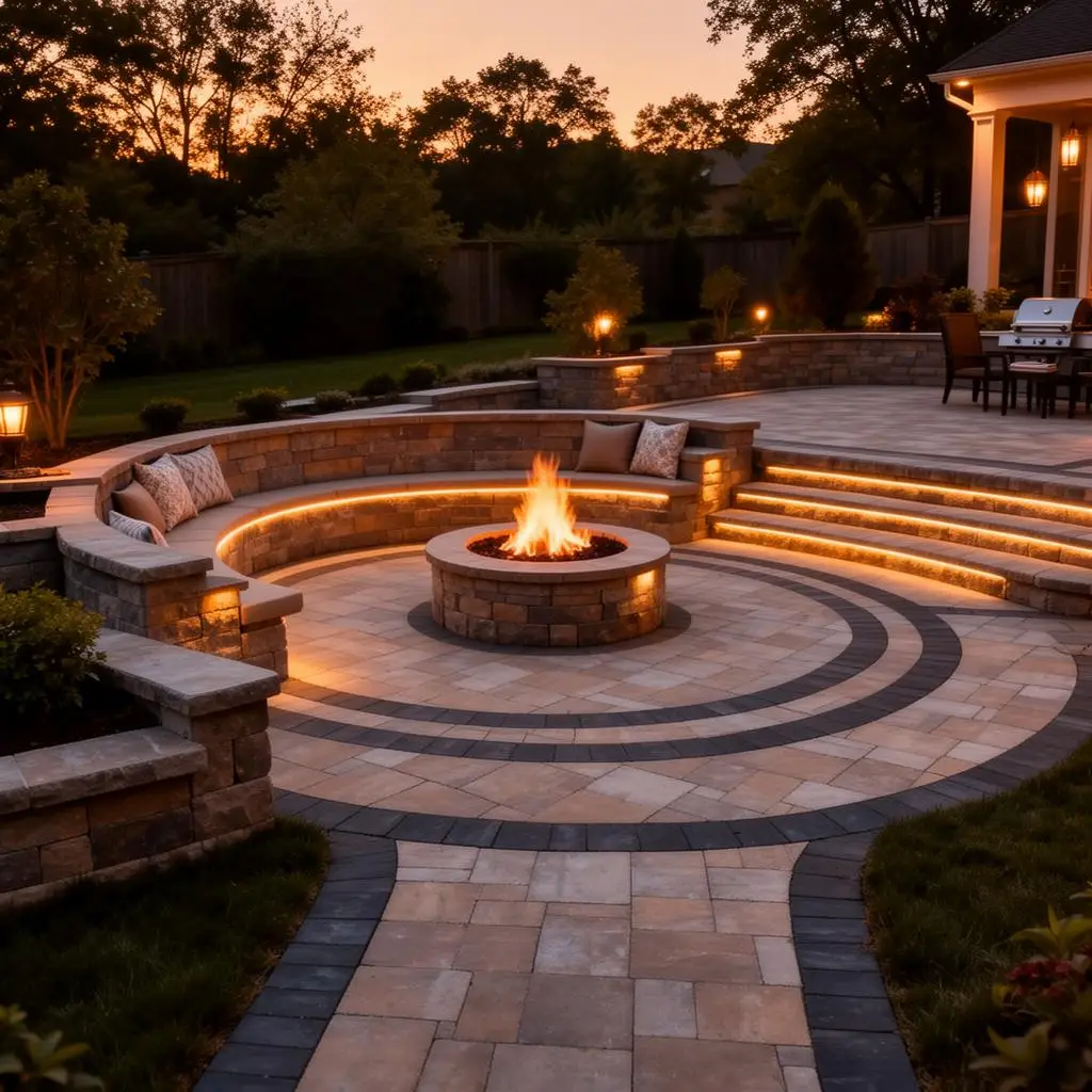 Fire pit patio case study — curved seating wall with LED lighting and multi-tiered paver patio at dusk
