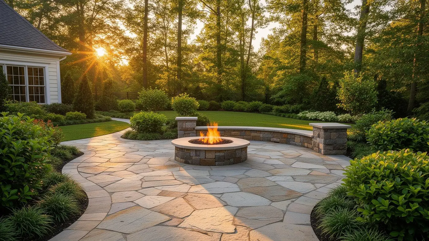 Custom paver patio with fire pit and retaining wall by Mike's Hardscape Design in Central NJ