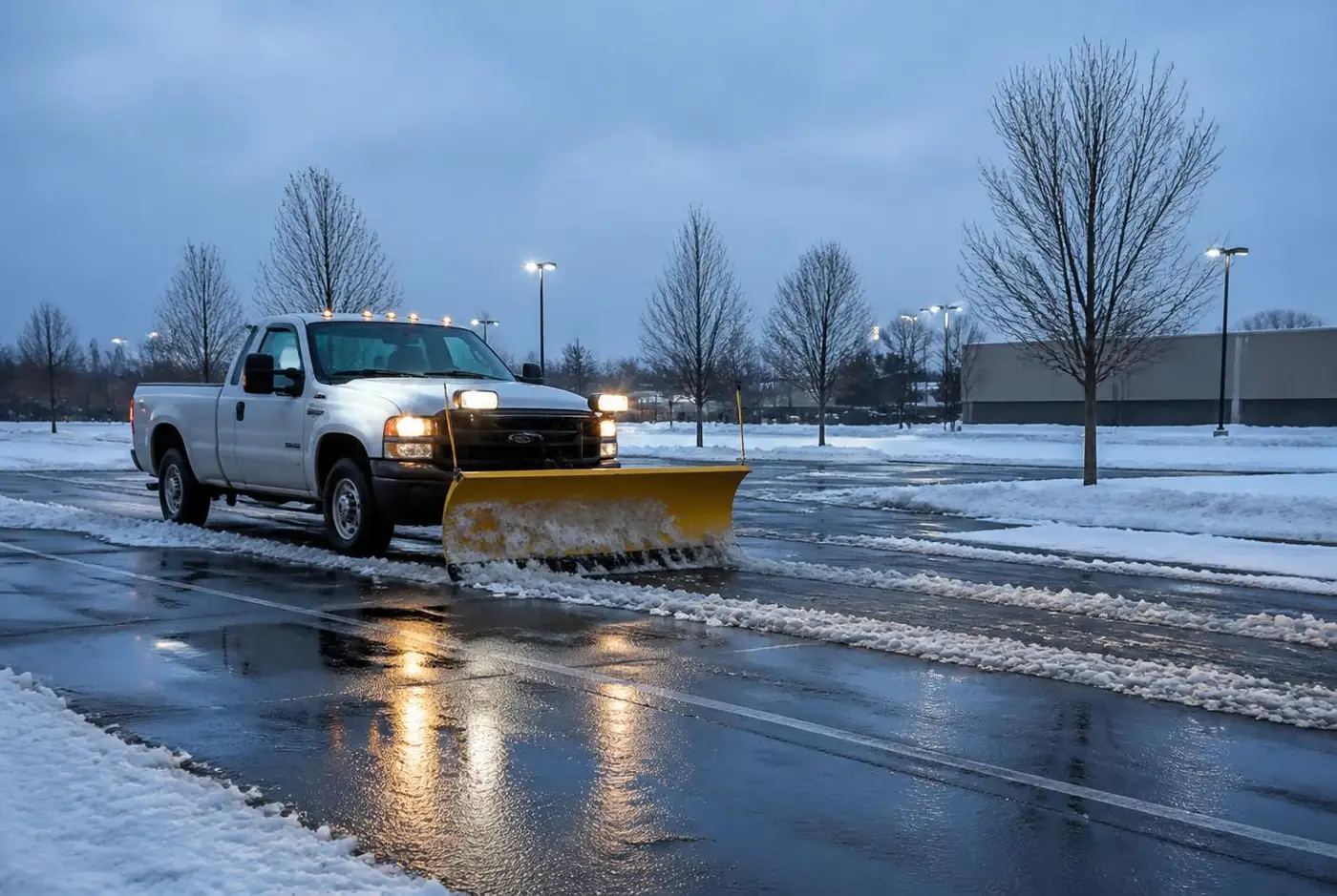 Truck with plow clearing a commercial parking lot after a snowstorm in Central New Jersey