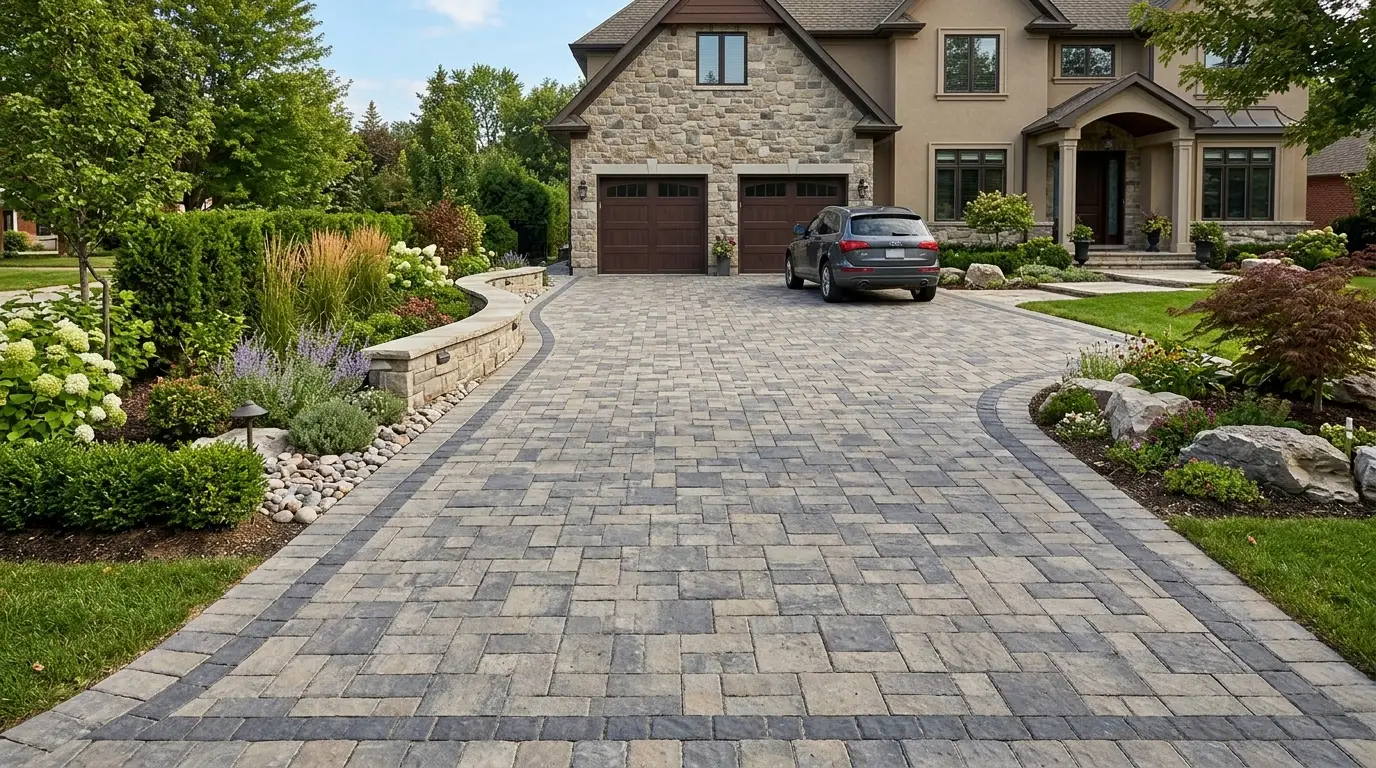 Paver driveway with landscaping