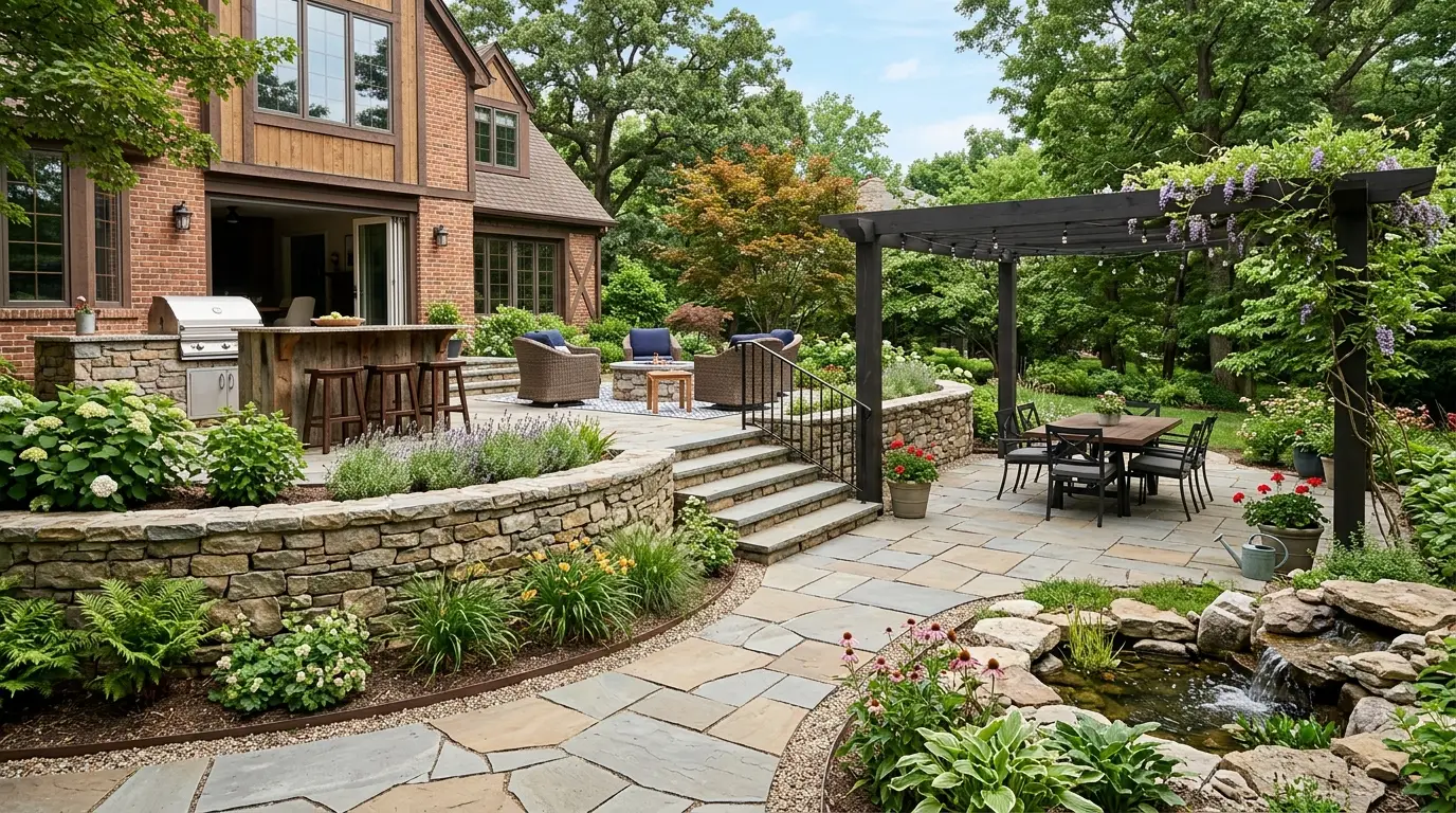 Multi-level patio with outdoor kitchen
