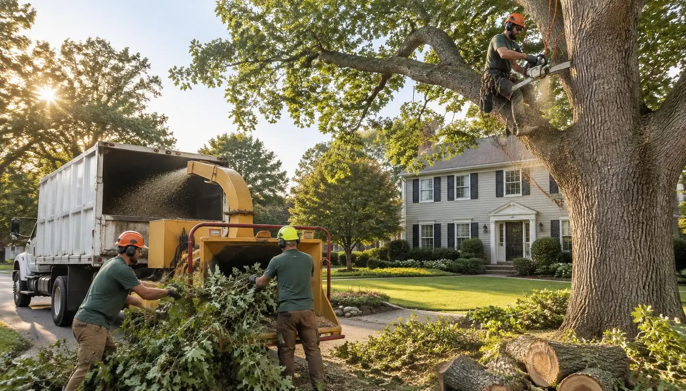 Tree service crew removing limbs from a large oak and chipping brush at a Central New Jersey home